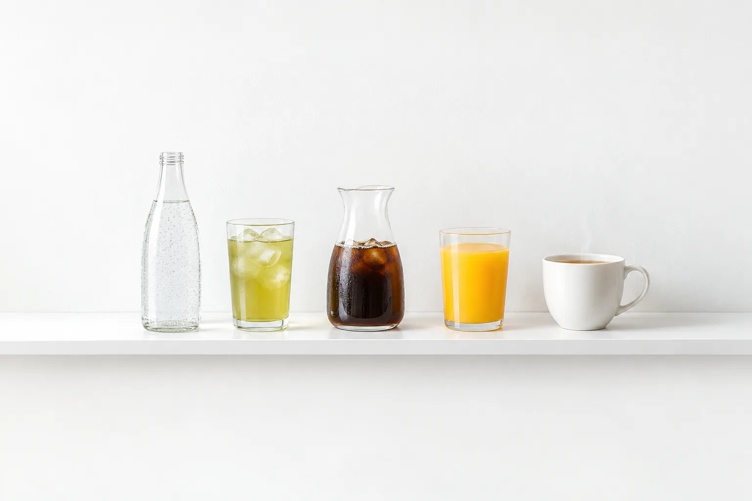 A clear bottle of sparkling water, iced tea, a carafe of coffee, orange juice and a white cup of tea on a white shelf