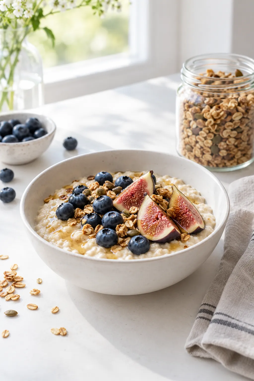 A bowl of oatmeal with blueberries, figs and honey beside a jar of granola