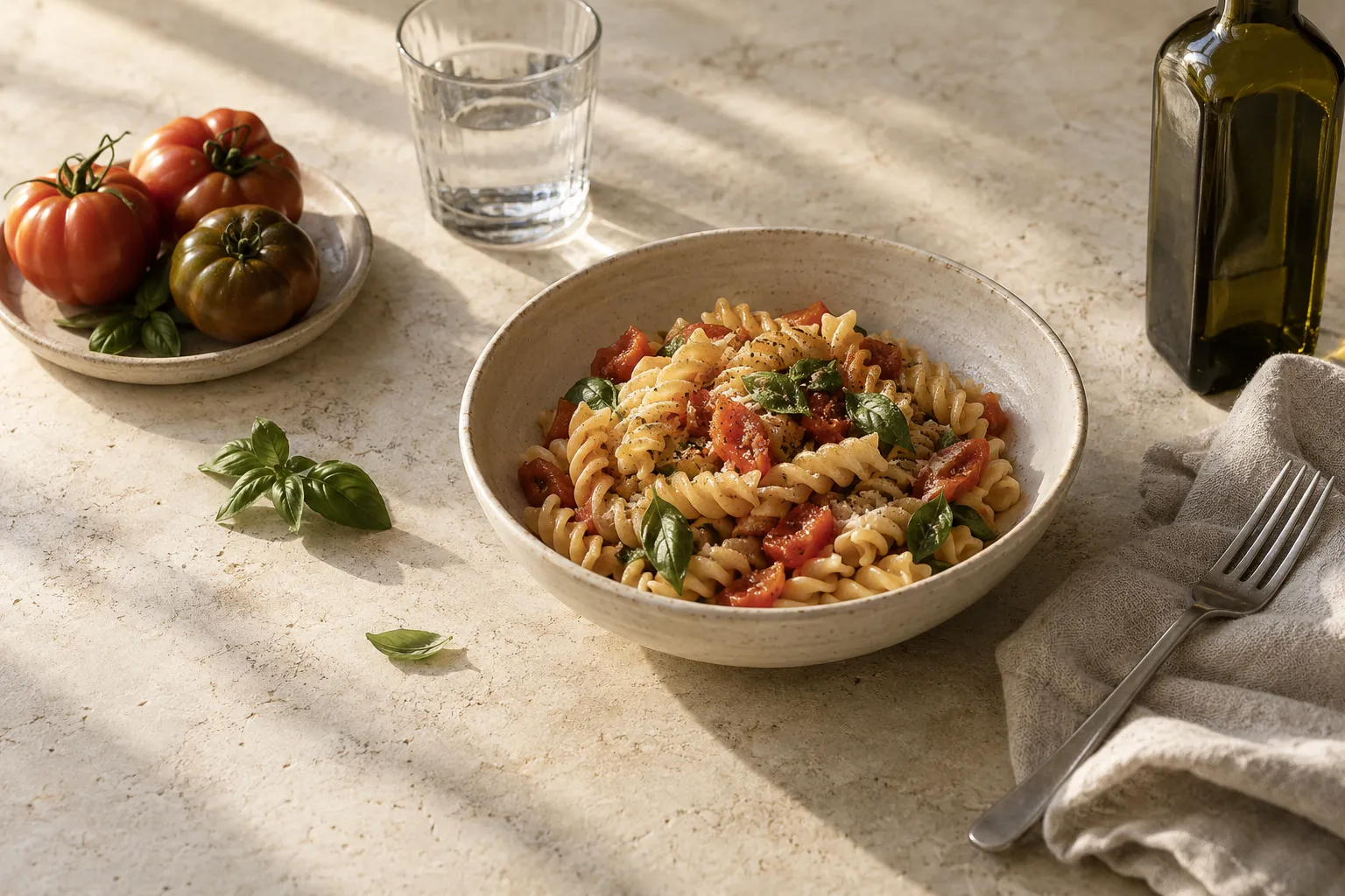 A bowl of fusilli with tomato and basil on a pale limestone table, heirloom tomatoes and a glass of water beside it