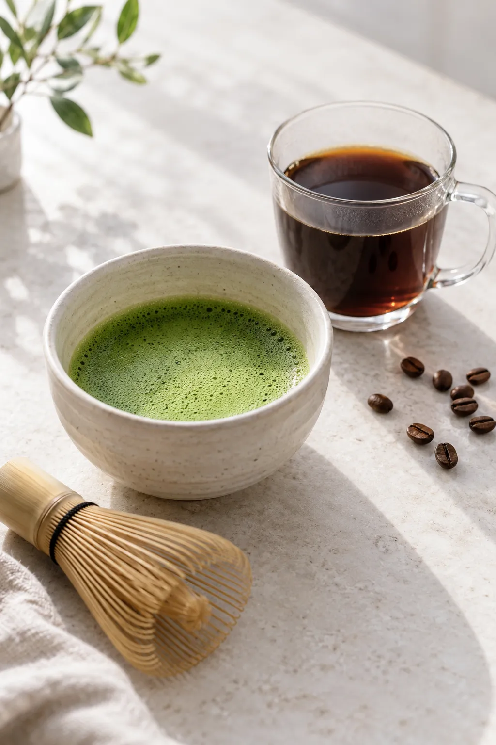 A bowl of frothy matcha with a bamboo whisk and a glass cup of black coffee