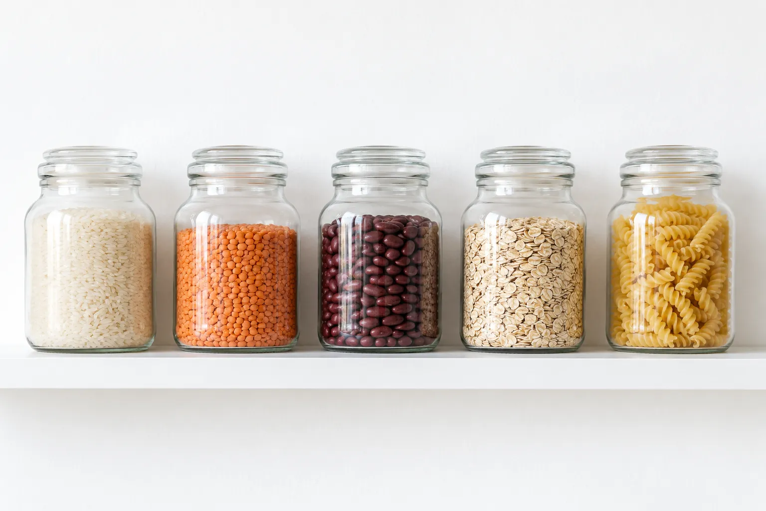 A row of glass jars of rice, lentils, beans, oats and pasta on a white shelf