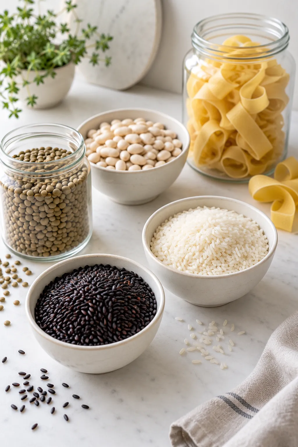 Organic rice, lentils, beans and pappardelle in white bowls and glass jars on a white stone counter